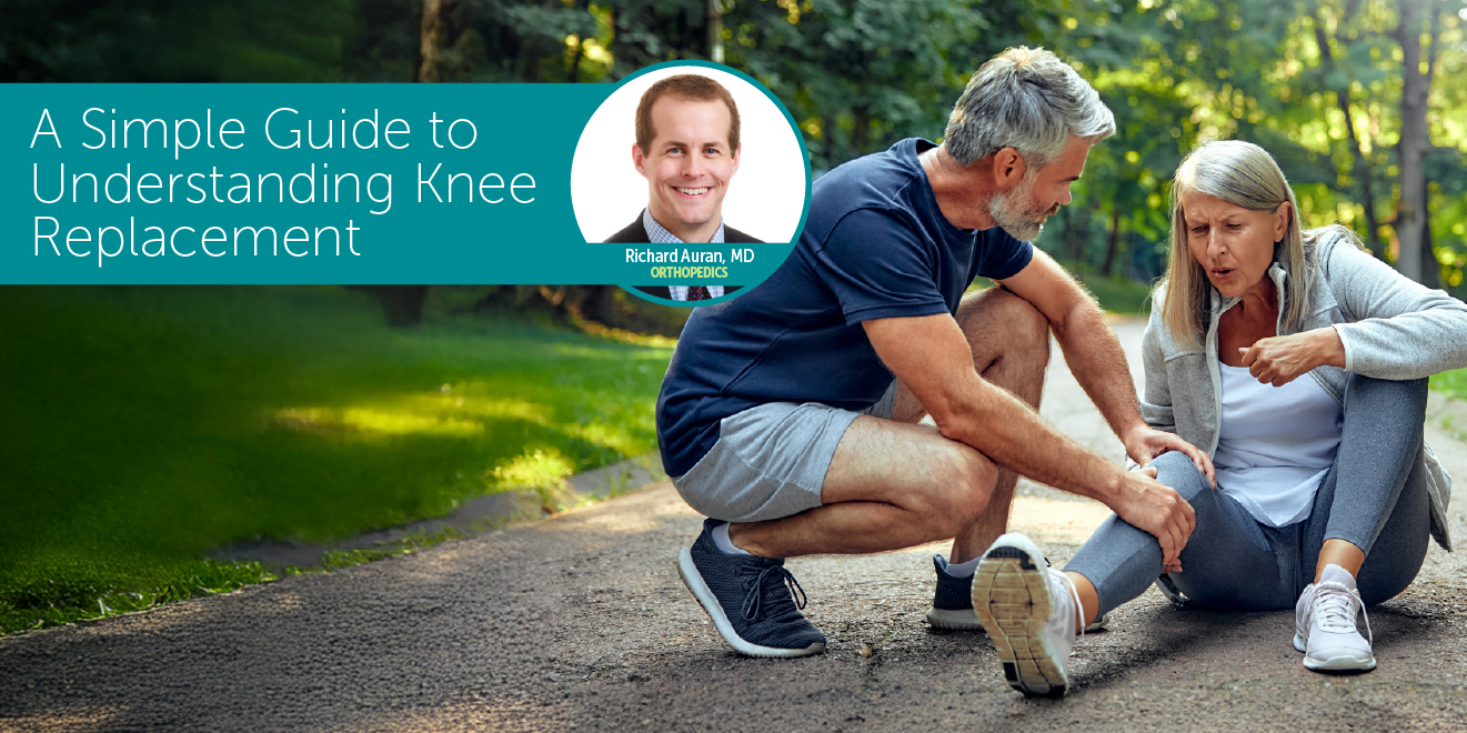 A couple squatting down on a walk. with an overlay of Dr. Auran's headshot