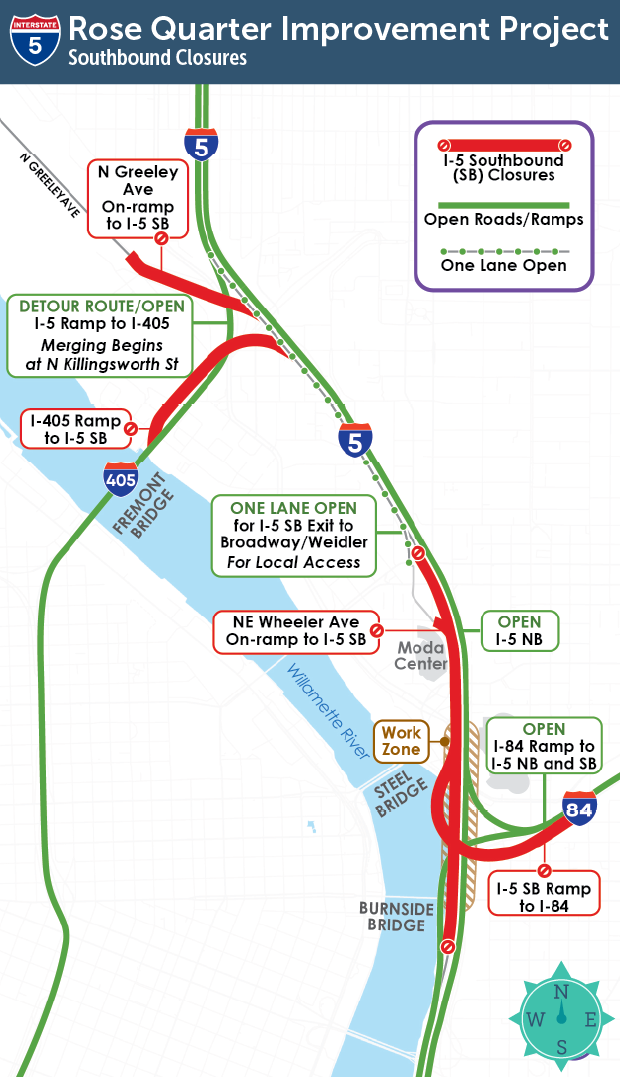 Map of I-5 southbound closures