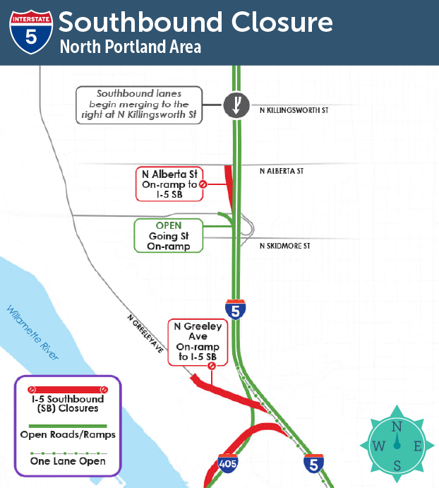 Map of I-5 southbound closures North Portland area